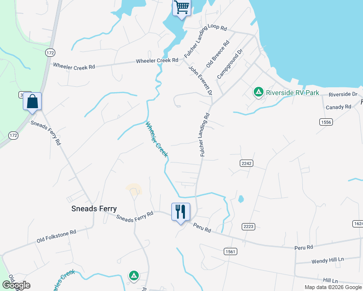 map of restaurants, bars, coffee shops, grocery stores, and more near 113 Minnie Bell Ln in Sneads Ferry
