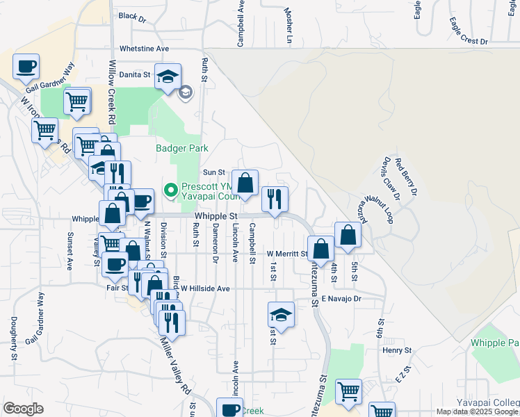 map of restaurants, bars, coffee shops, grocery stores, and more near 350 Whipple Street in Prescott