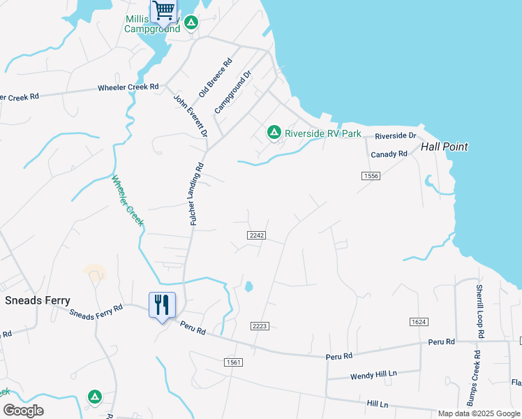 map of restaurants, bars, coffee shops, grocery stores, and more near 303 Grismill Road in Sneads Ferry