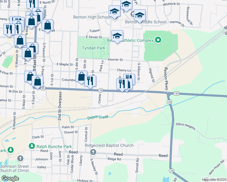 map of restaurants, bars, coffee shops, grocery stores, and more near 1117 Highway 35 in Benton