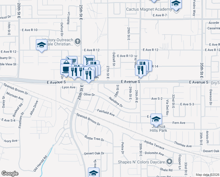 map of restaurants, bars, coffee shops, grocery stores, and more near 2721 Juniper Drive in Palmdale