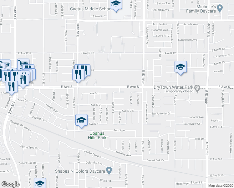 map of restaurants, bars, coffee shops, grocery stores, and more near 3212 Avenue S-1 in Palmdale