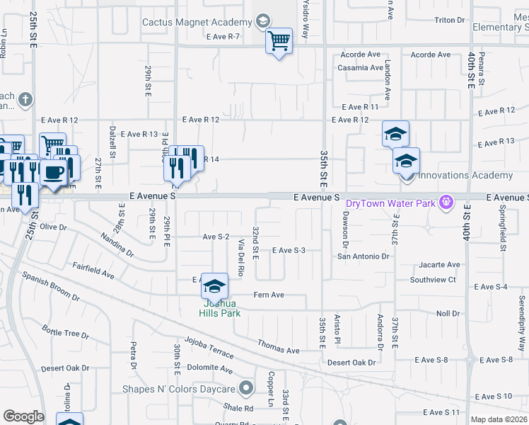map of restaurants, bars, coffee shops, grocery stores, and more near 3212 Avenue S-1 in Palmdale