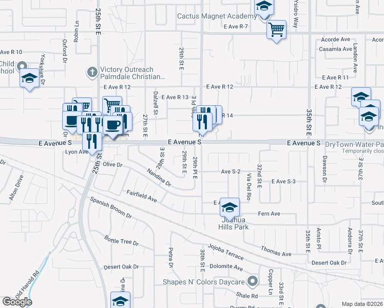map of restaurants, bars, coffee shops, grocery stores, and more near 37141 29th Place East in Palmdale
