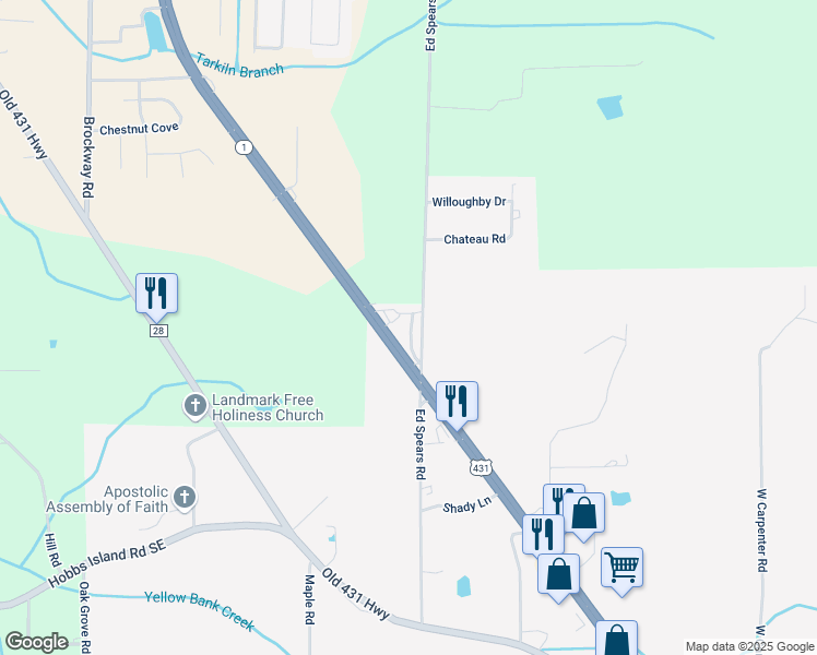 map of restaurants, bars, coffee shops, grocery stores, and more near 769 Ed Spears Road in New Hope