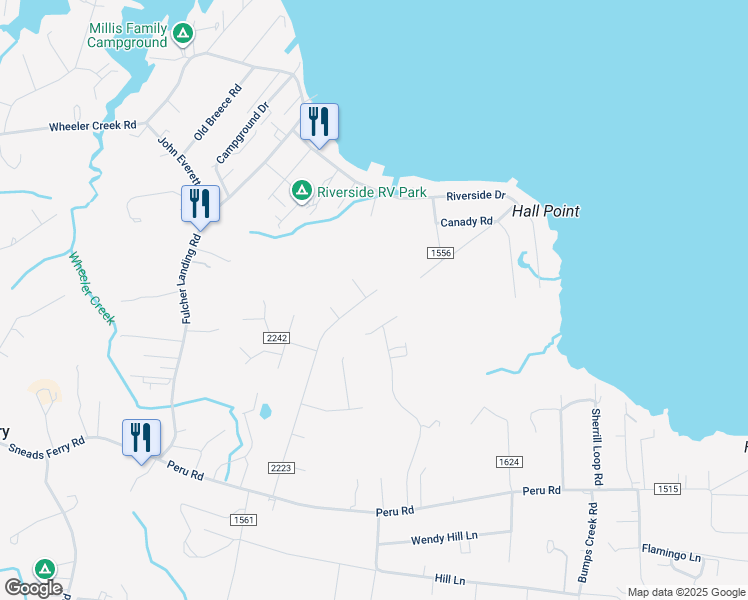 map of restaurants, bars, coffee shops, grocery stores, and more near 148 Lawndale Lane in Sneads Ferry