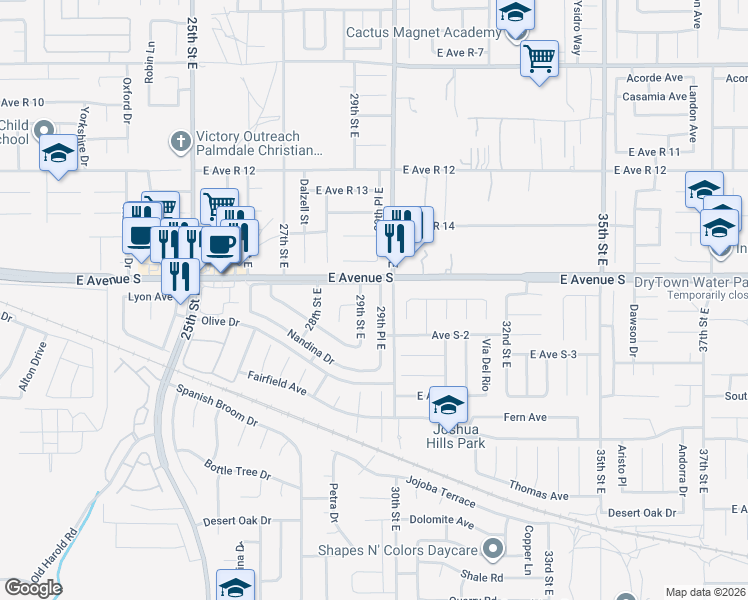 map of restaurants, bars, coffee shops, grocery stores, and more near 37151 29th Place East in Palmdale