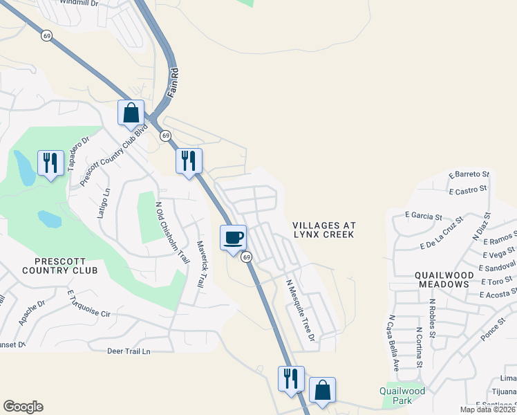 map of restaurants, bars, coffee shops, grocery stores, and more near 12185 East Obsidian Loop Road in Prescott Valley