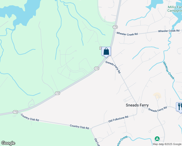 map of restaurants, bars, coffee shops, grocery stores, and more near 2373 Sneads Ferry Road in Sneads Ferry
