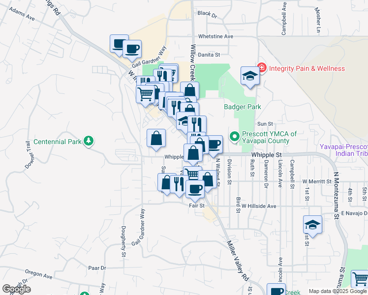 map of restaurants, bars, coffee shops, grocery stores, and more near 900 Iron Springs Road in Prescott