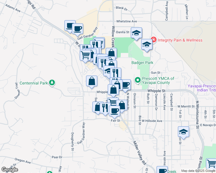 map of restaurants, bars, coffee shops, grocery stores, and more near 900 Iron Springs Road in Prescott