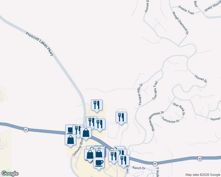 map of restaurants, bars, coffee shops, grocery stores, and more near 3321 Bar-Circle-A Road in Prescott