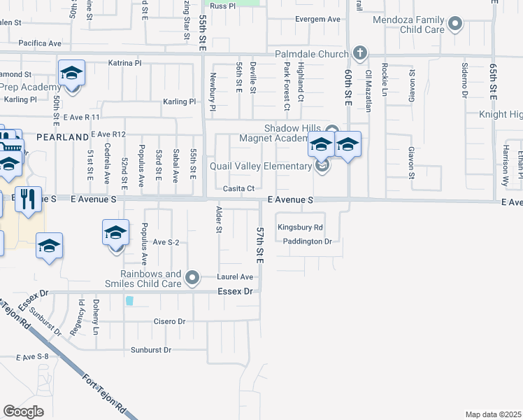 map of restaurants, bars, coffee shops, grocery stores, and more near 37152 57th Street East in Palmdale