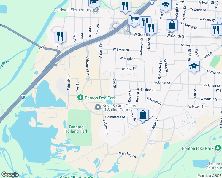 map of restaurants, bars, coffee shops, grocery stores, and more near 705 Bird Street in Benton