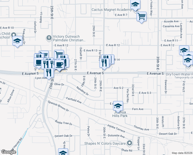 map of restaurants, bars, coffee shops, grocery stores, and more near 37158 29th Street East in Palmdale