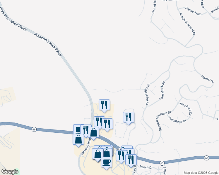 map of restaurants, bars, coffee shops, grocery stores, and more near 3249 Bar-Circle-A Rd in Prescott