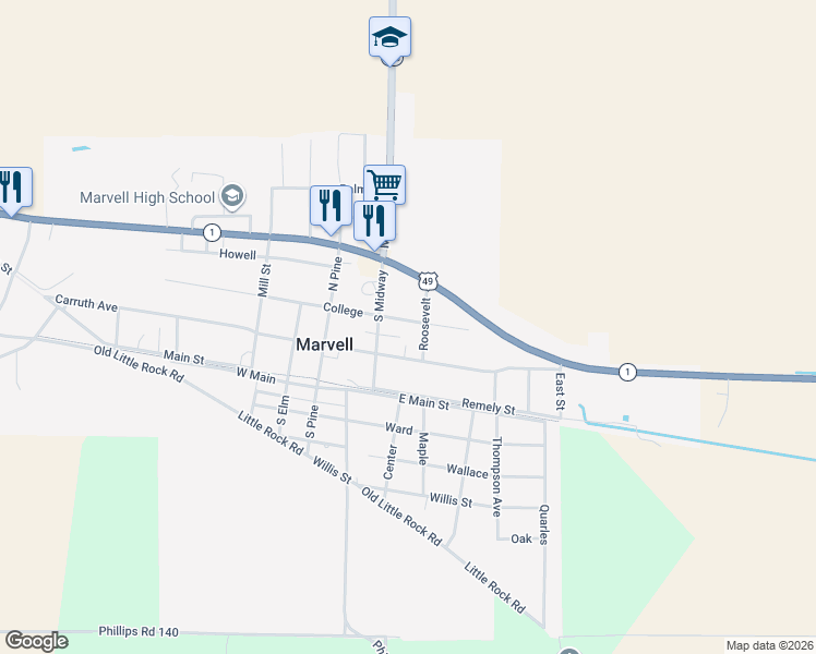 map of restaurants, bars, coffee shops, grocery stores, and more near 402 Carruth Avenue in Marvell
