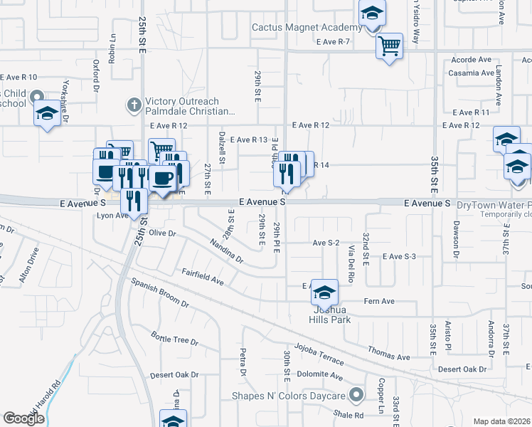map of restaurants, bars, coffee shops, grocery stores, and more near 37158 29th Street East in Palmdale