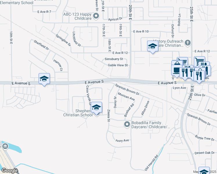 map of restaurants, bars, coffee shops, grocery stores, and more near 1813 Morisan Avenue in Palmdale
