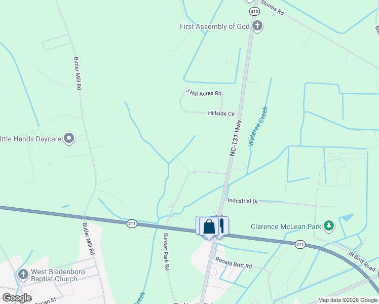 map of restaurants, bars, coffee shops, grocery stores, and more near 154 Sunset Park Road in Bladenboro