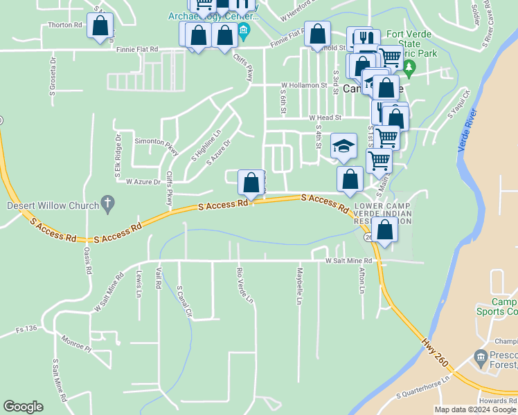 map of restaurants, bars, coffee shops, grocery stores, and more near 407 West General Crook Trail in Camp Verde