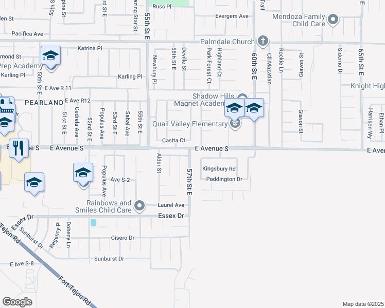 map of restaurants, bars, coffee shops, grocery stores, and more near 37152 57th Street East in Palmdale