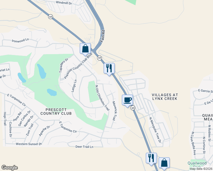 map of restaurants, bars, coffee shops, grocery stores, and more near 11885 Arabian Lane in Yavapai County