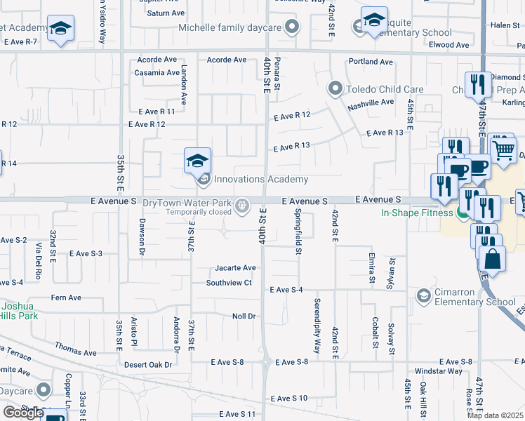 map of restaurants, bars, coffee shops, grocery stores, and more near 37164 40th Street East in Palmdale