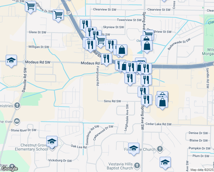 map of restaurants, bars, coffee shops, grocery stores, and more near 1225 Wimberly Drive Southwest in Decatur