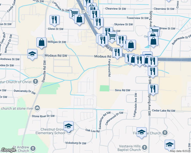 map of restaurants, bars, coffee shops, grocery stores, and more near 2826 Wimberly Drive Southwest in Decatur