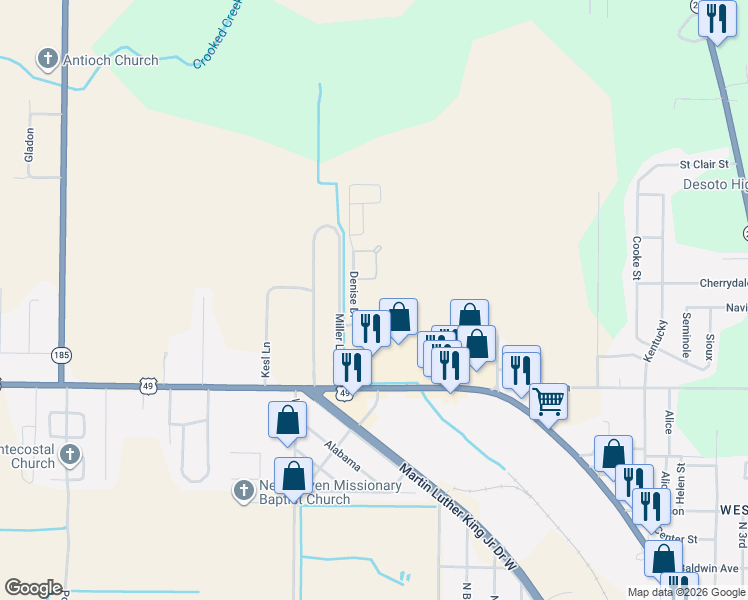 map of restaurants, bars, coffee shops, grocery stores, and more near 355 Denise Drive in Helena-West Helena