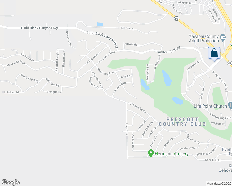 map of restaurants, bars, coffee shops, grocery stores, and more near 10919 Roundup Drive in Yavapai County