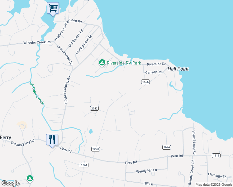 map of restaurants, bars, coffee shops, grocery stores, and more near 153 Lawndale Lane in Sneads Ferry
