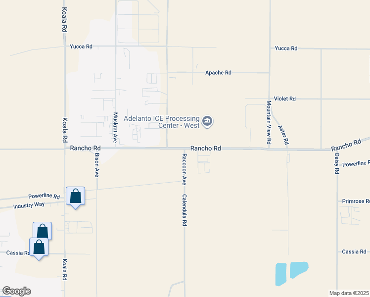 map of restaurants, bars, coffee shops, grocery stores, and more near 8687 Rancho Road in Adelanto