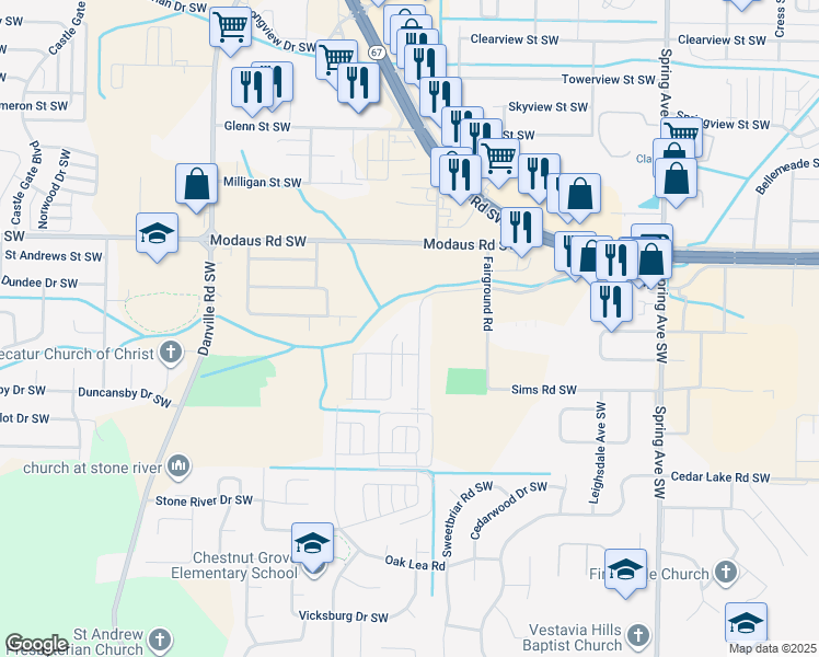 map of restaurants, bars, coffee shops, grocery stores, and more near 2819 Wimberly Drive Southwest in Decatur