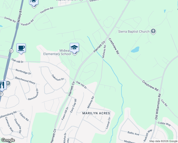 map of restaurants, bars, coffee shops, grocery stores, and more near 1406 Oak Hill Drive in Anderson