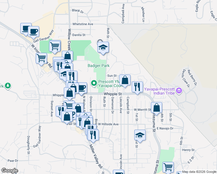 map of restaurants, bars, coffee shops, grocery stores, and more near 902 Dameron Drive in Prescott