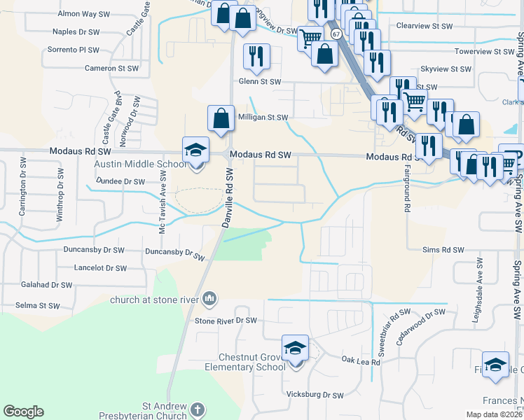 map of restaurants, bars, coffee shops, grocery stores, and more near 2816 Danville Road Southwest in Decatur