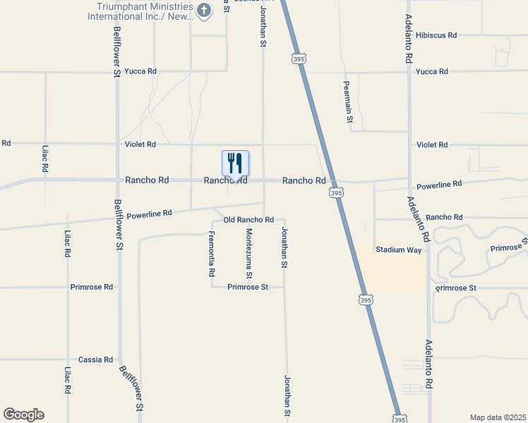 map of restaurants, bars, coffee shops, grocery stores, and more near 11649 Jonathan Street in Adelanto