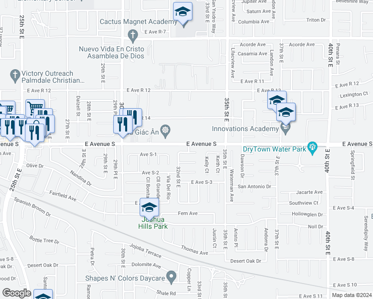 map of restaurants, bars, coffee shops, grocery stores, and more near 3217 Avenue S-1 in Palmdale