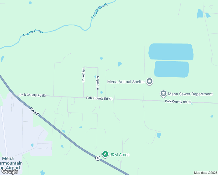 map of restaurants, bars, coffee shops, grocery stores, and more near 243-257 Polk Road 53 in Mena