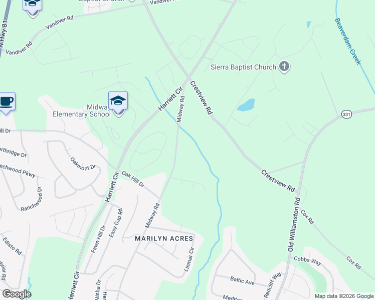 map of restaurants, bars, coffee shops, grocery stores, and more near 3128 Midway Road in Anderson