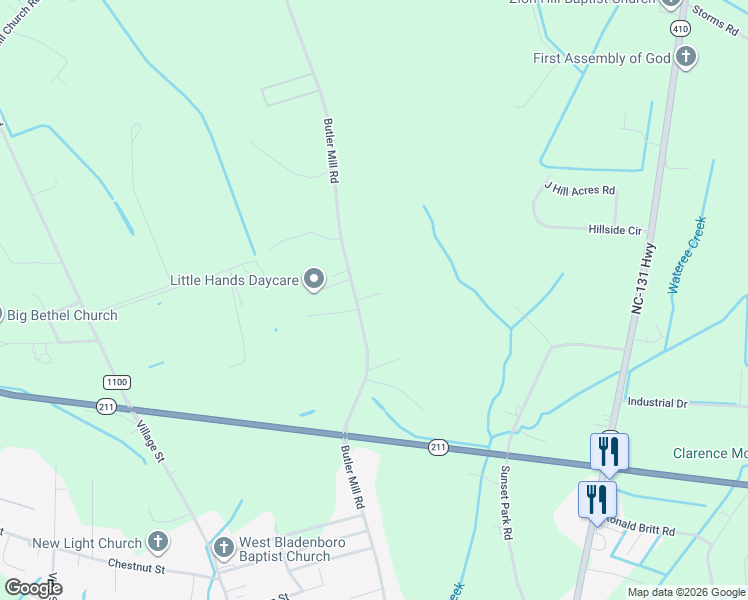 map of restaurants, bars, coffee shops, grocery stores, and more near 1622 Butler Mill Road in Bladenboro