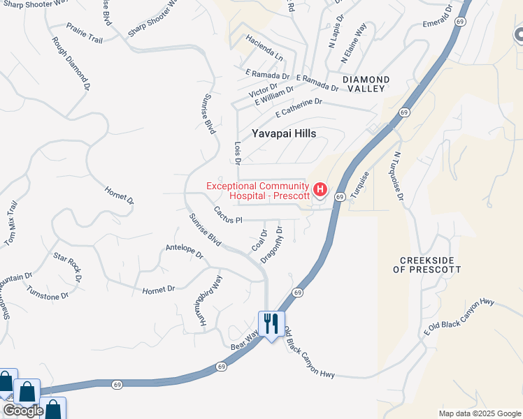 map of restaurants, bars, coffee shops, grocery stores, and more near 4620 East Robin Drive in Prescott