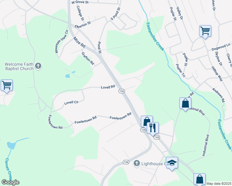 map of restaurants, bars, coffee shops, grocery stores, and more near 39 Lovell Road in Toccoa