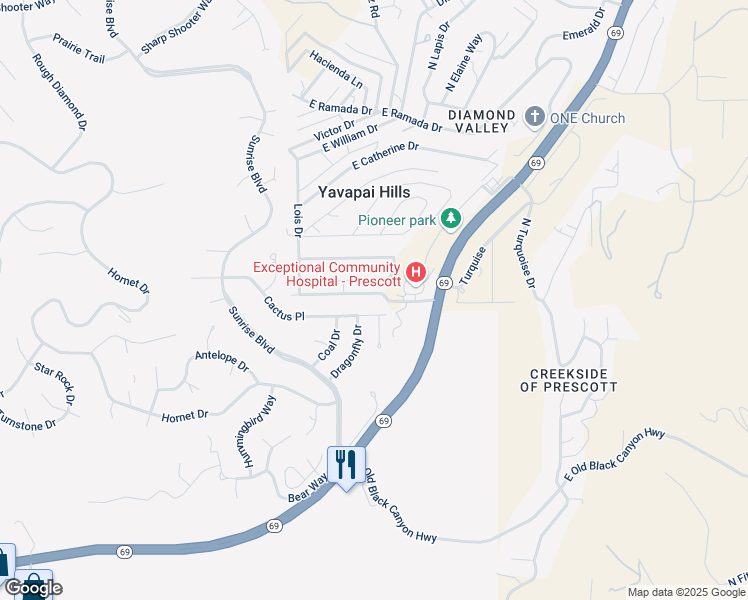 map of restaurants, bars, coffee shops, grocery stores, and more near 4700 East Robin Drive in Prescott