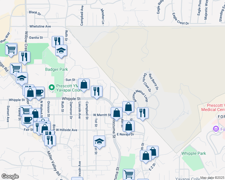 map of restaurants, bars, coffee shops, grocery stores, and more near 915 Oak Terrace Drive in Prescott