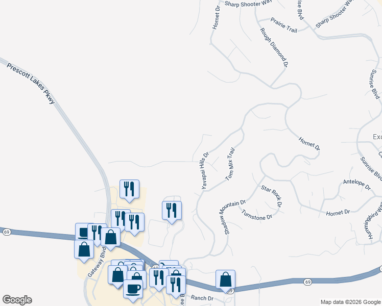 map of restaurants, bars, coffee shops, grocery stores, and more near 816 Flying U Court in Prescott