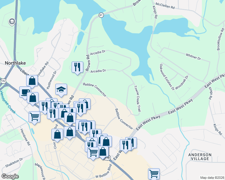 map of restaurants, bars, coffee shops, grocery stores, and more near 320 Beltline Connector in Anderson