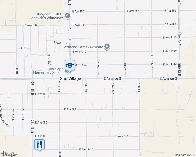 map of restaurants, bars, coffee shops, grocery stores, and more near East Avenue S in Sun Village
